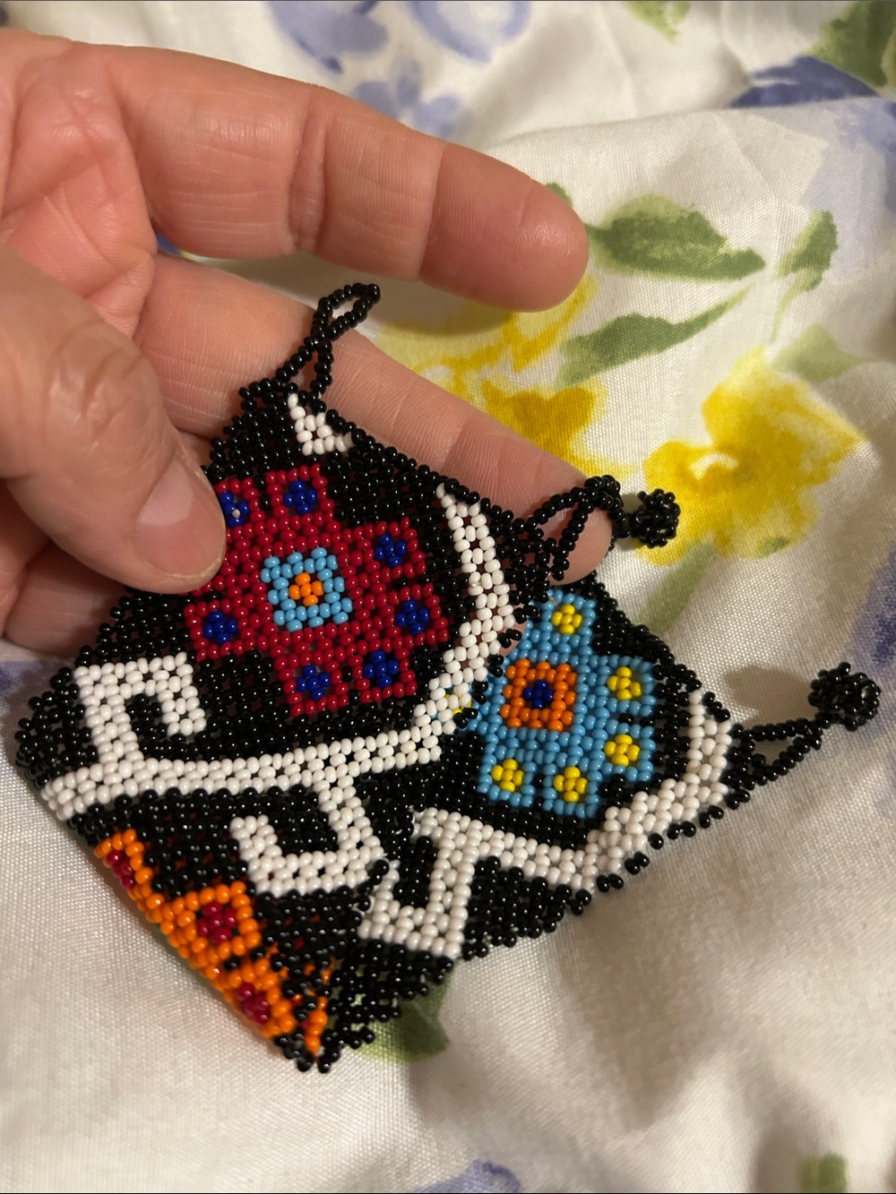 Handmade Black Beaded Drop Earrings with Red & Blue Floral Motifs